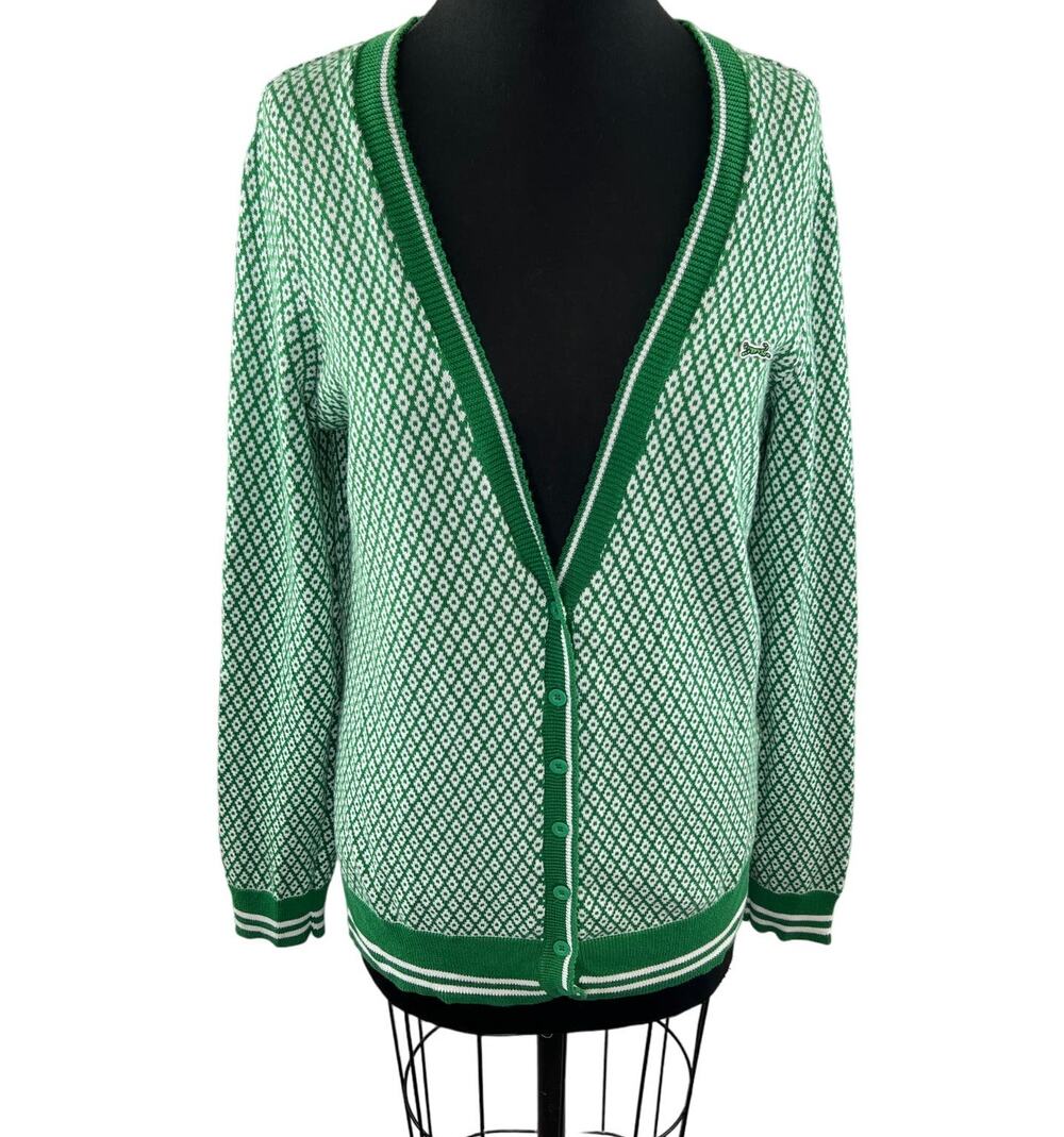 LE TIGRE Green White Diamond Print Cotton V-Neck Button Down Cardigan Sweater XL